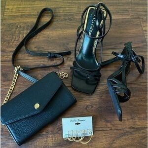 Black and gold accessories shoes chain strap crossbody bag gold tone hoops 7.5